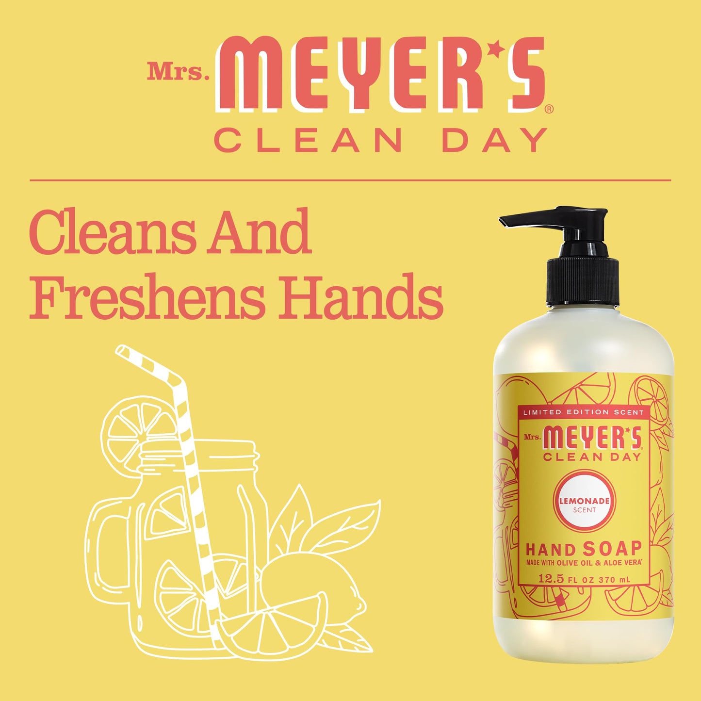 Mrs. Meyer’s Clean Day Liquid Hand Soap – Biodegradable, Cruelty-Free Formula with Essential Oils, Limited Edition Lemonade Scent, 12.5 oz