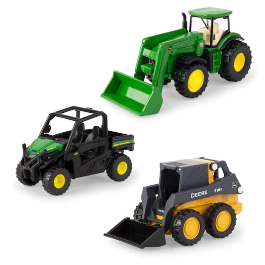 ERTL Iron John Deere Die-Cast Farm Toy Set – 3" Tractor, Gator & Skid Steer Replicas with Collectible Display Box – 3-Pack for Kids Ages 3+