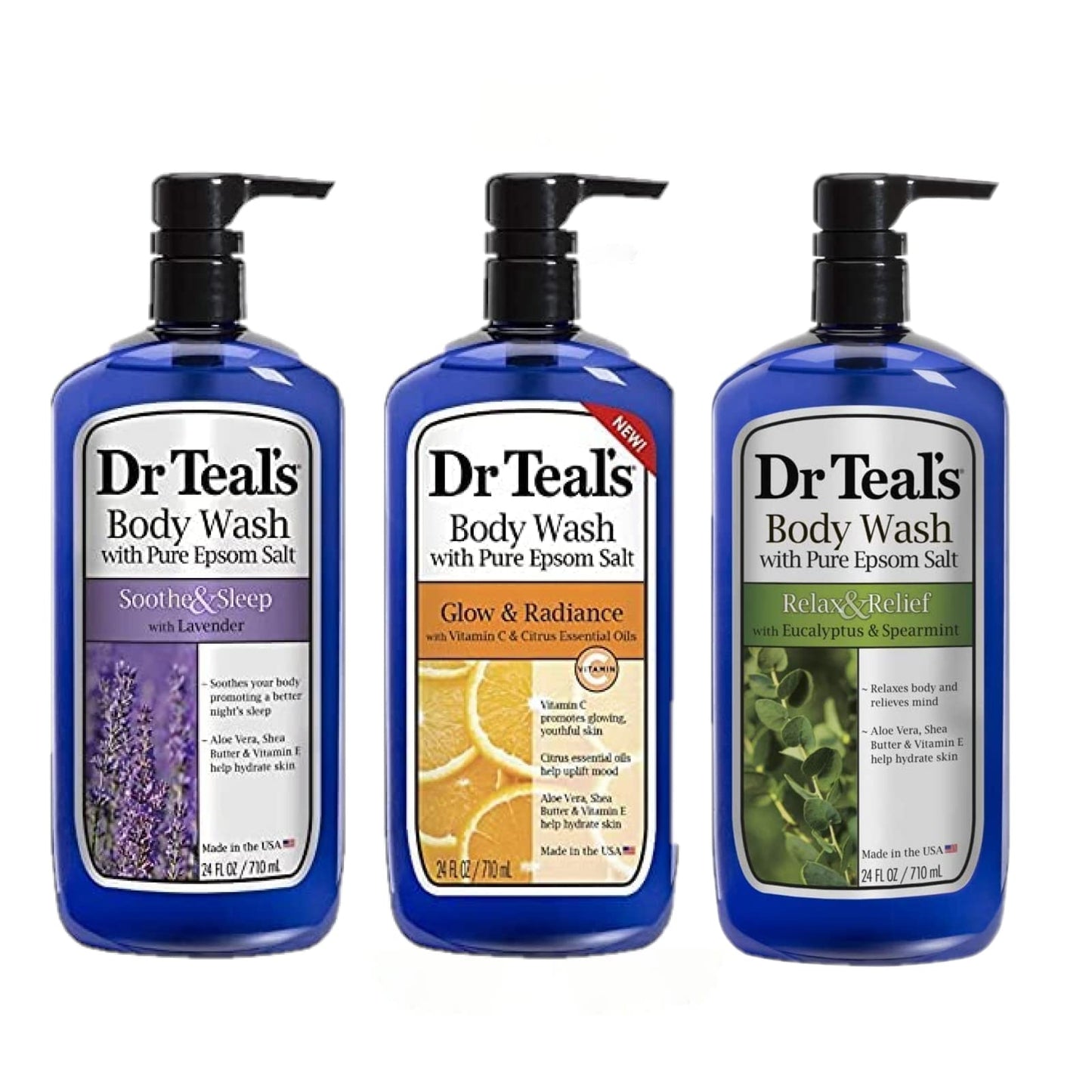 Dr Teal's Body Wash Gift Set, 3 x 24oz – Soothe & Sleep, Glow & Radiance, Relax & Relief with Lavender, Citrus & Eucalyptus
