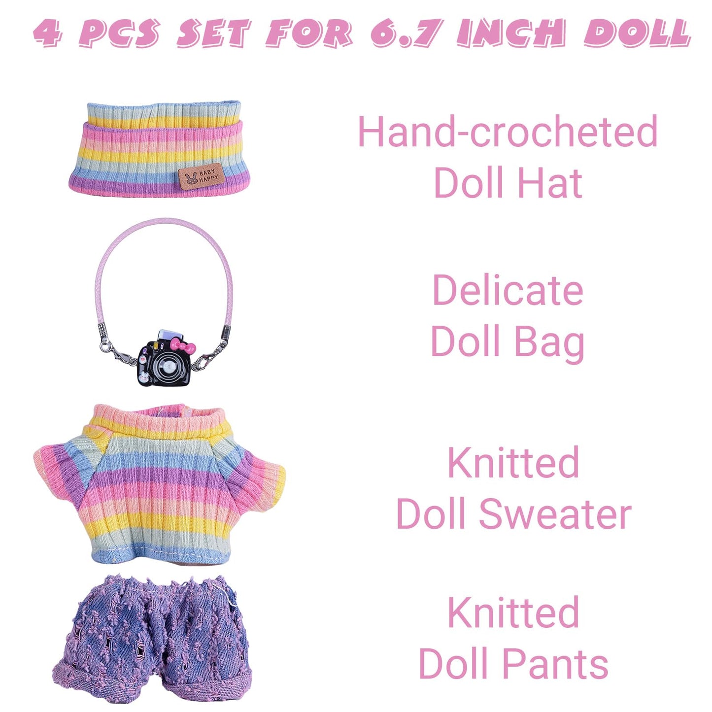 4pcs Handcrafted Labubu Doll Clothes Set (No Doll) – Cute Crocheted Hat, Sweater, Skirt & Bag, Rainbow Outfits, 15-17cm, AK052