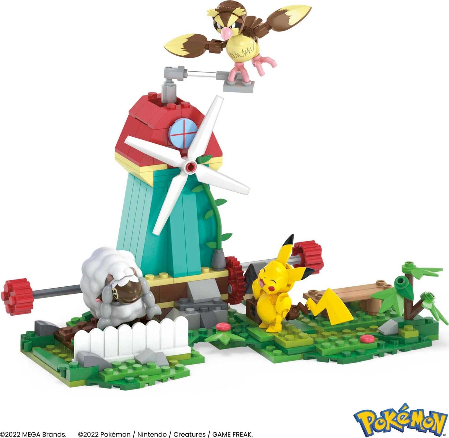 MEGA Pokemon Action Figure Building Toy Set, Countryside Windmill with 240 Pieces, Motion and 3 Poseable Characters, Gift Idea for Kids