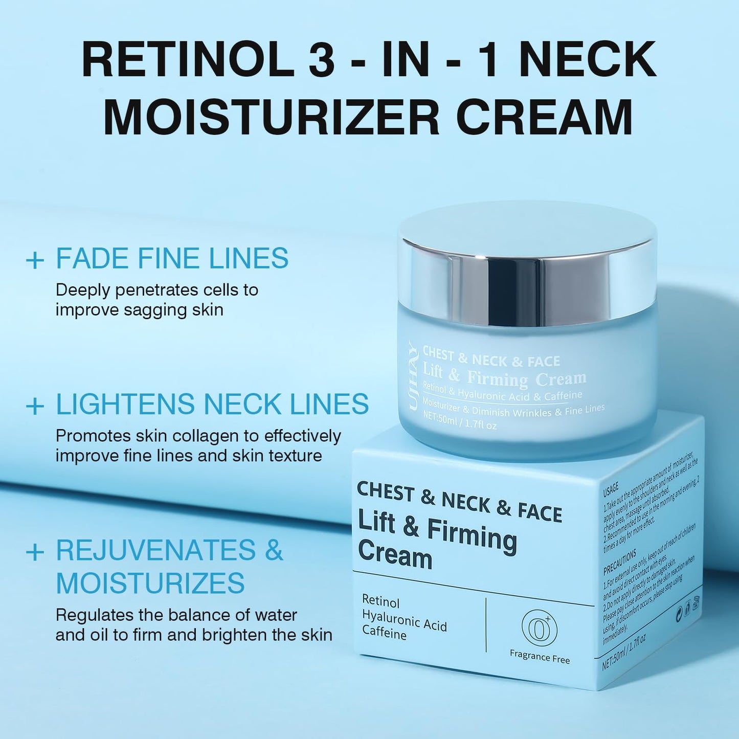 UJhay Retinol Neck Cream with Hyaluronic Acid & Caffeine – 3-in-1 Moisturizer for Neck, Chest & Face, Reduces Fine Lines & Dullness, 50ml