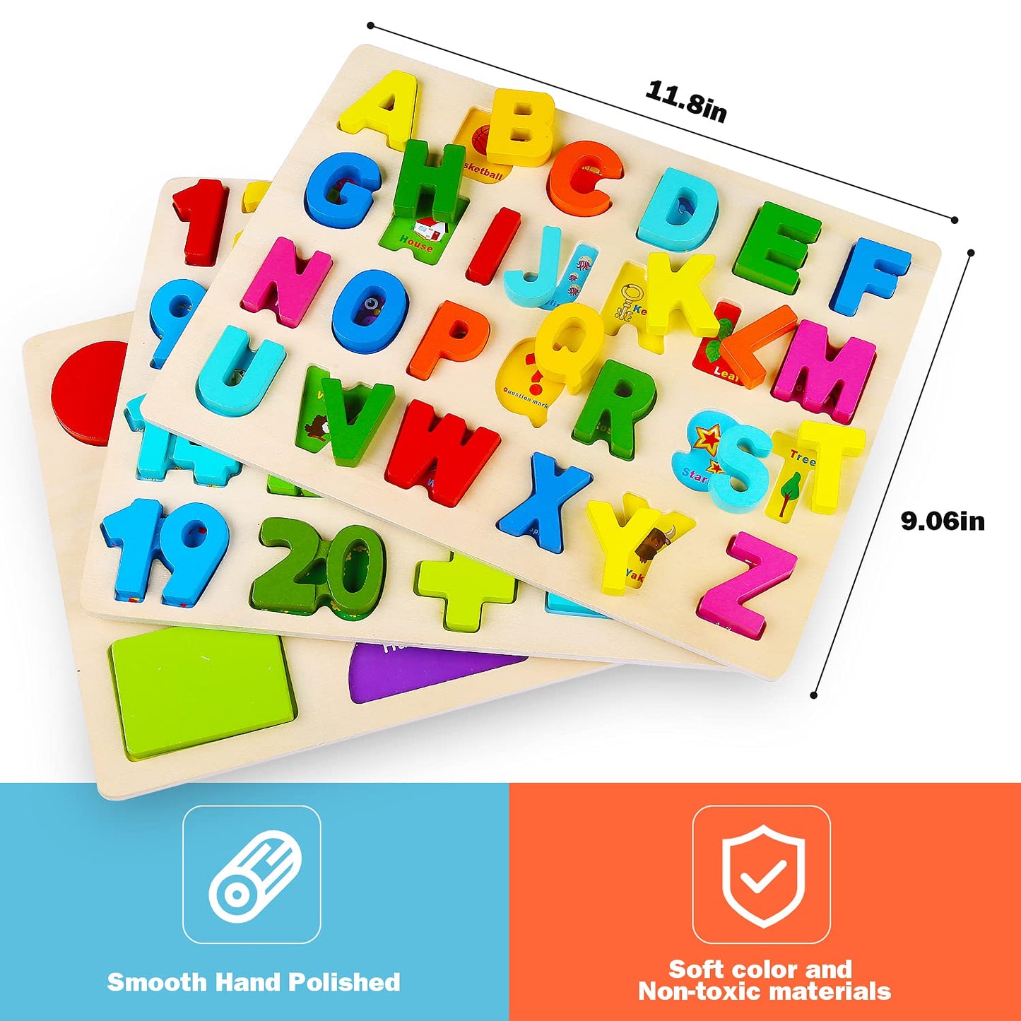 Voamuw Wooden Puzzles for Toddlers – Alphabet, Number & Shape Learning Jigsaw, Montessori Educational Toy for Kids Ages 3-5, Boys & Girls