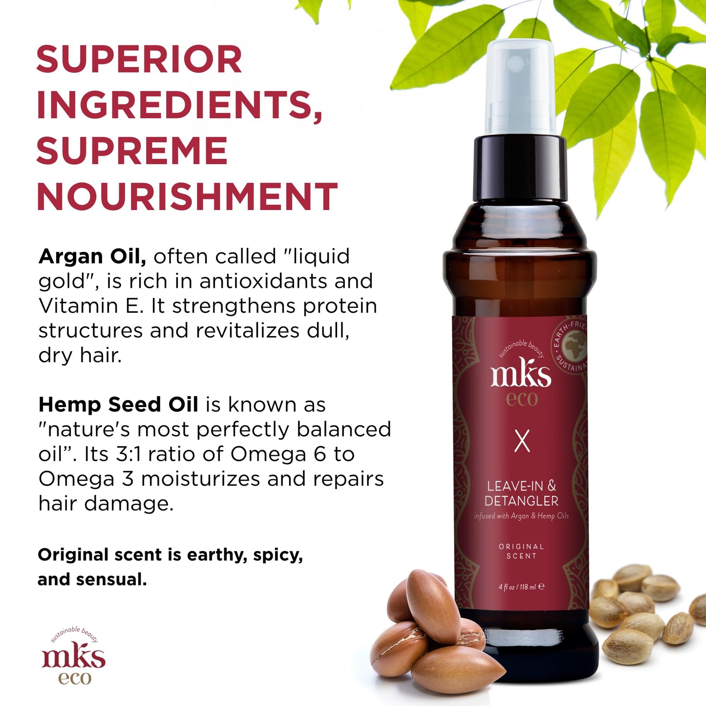 Earthly Body MKS eco X, Original Scent - 4 fl oz - Leave-In Treatment & Detangler - Moroccan Argan Oil, Hemp Seed Oil - Vegan & Cruelty Free