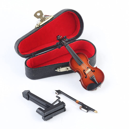 Dselvgvu Mini Wooden Violin with Stand, Bow & Case – Dollhouse Musical Instrument Replica, Collectible Home Decor Ornament 3.15"x1.18"x0.59"