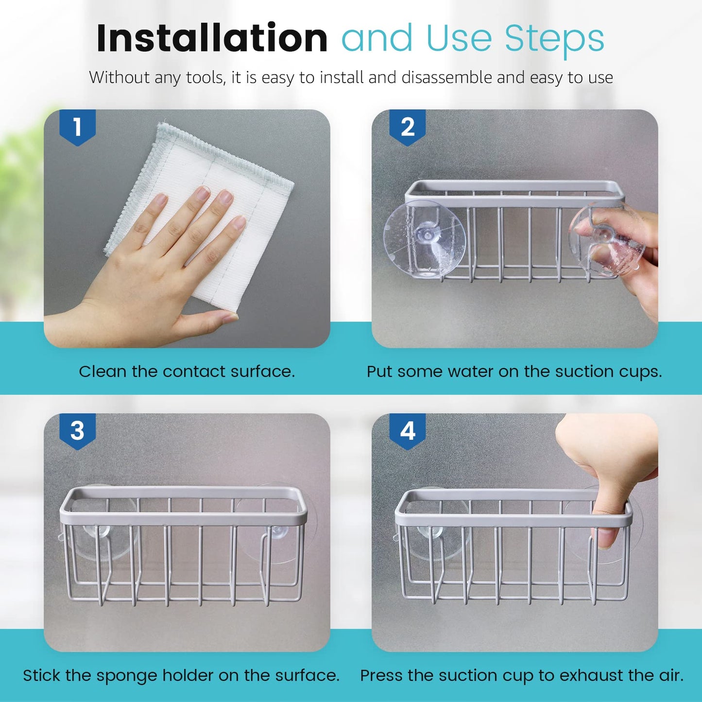 HLOOL Kitchen Sink Sponge Holder – Matte Silver Sink Caddy & Dish Soap Organizer