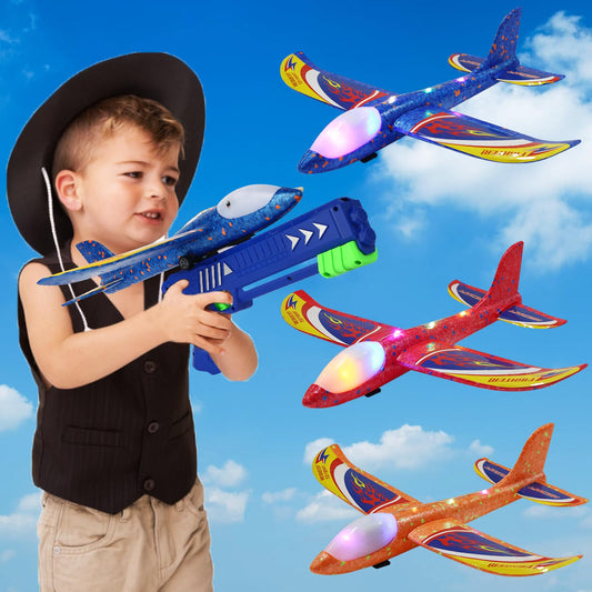 RshMgFun 3-Pack LED Foam Airplane Launcher Toy for Kids – Outdoor Flying Fun, Exciting Airplane Toys for Boys & Girls Ages 3-12