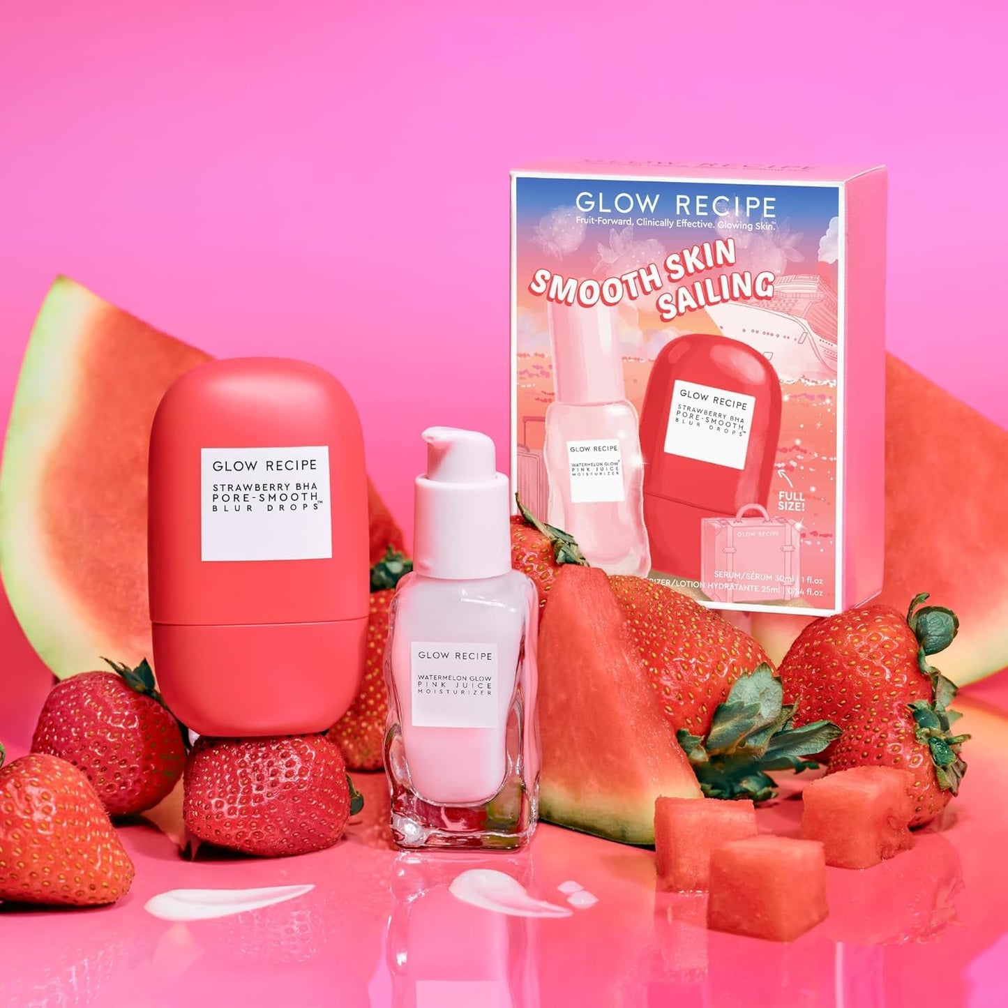 Glow Recipe Smooth Skin Sailing Set – Watermelon Glow Moisturizer + BHA Strawberry Pore Minimizer Blurring Drops, 2-Piece Skincare