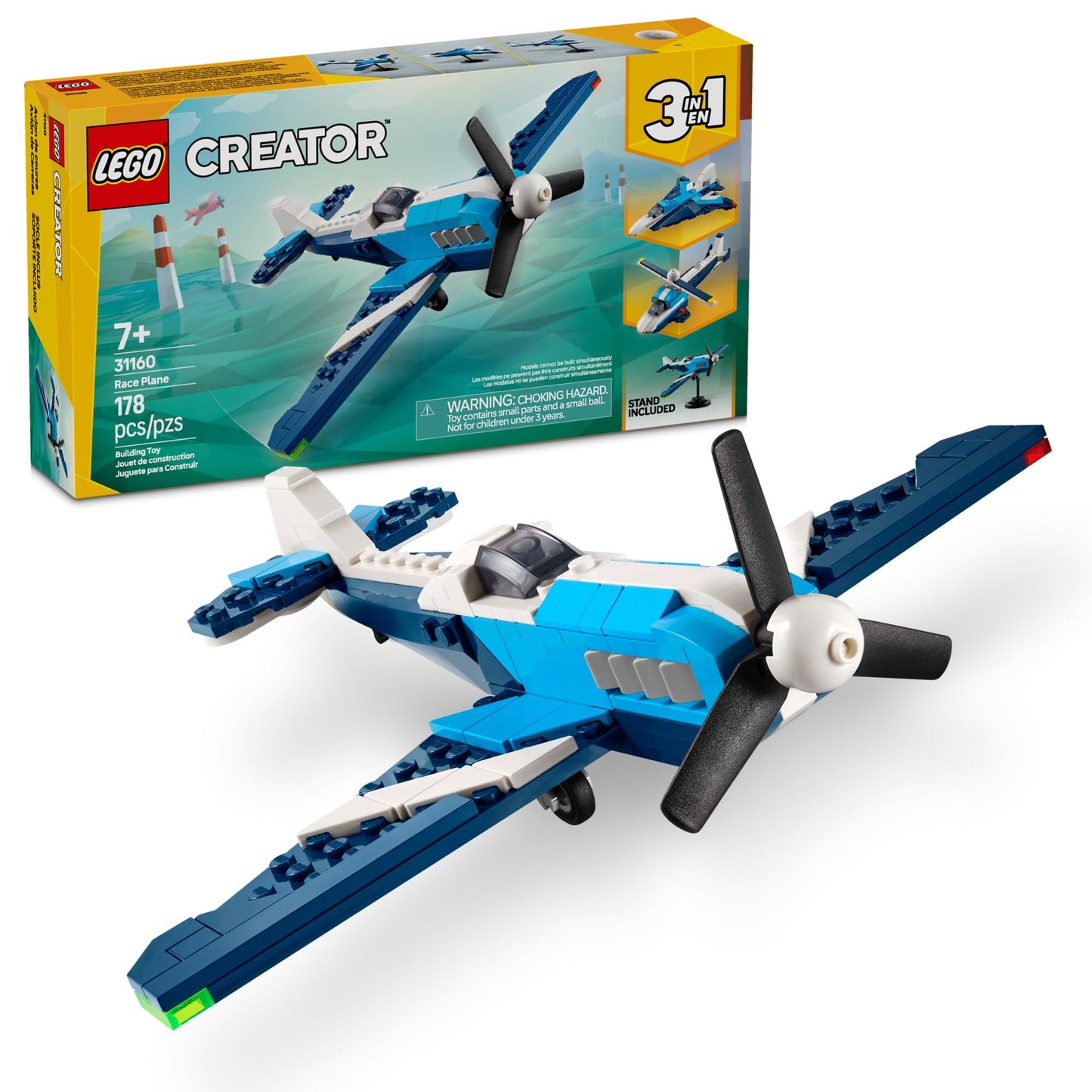 LEGO Creator 3-in-1 Aircraft Toy Set – Build Plane, Fighter Jet, or Helicopter – STEM Building Gift for Kids 7+, 31160