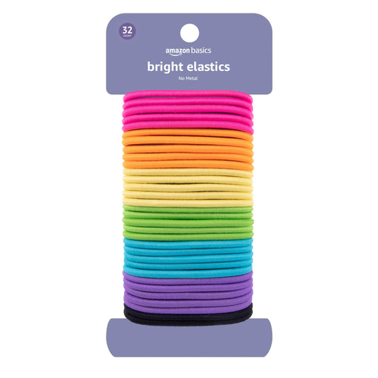 Amazon Basics Pony Tail Hair Ties - Bright 4 MM Elastics for All Types, 32 Count