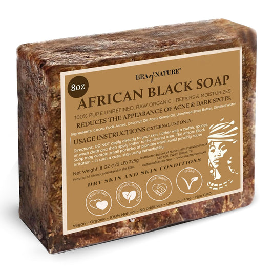 era of nature Best Raw ORGANIC AFRICAN BLACK SOAP, for Dry Skin and Skin Conditions. Pure & Natural Ingredients, Imported From Ghana - 8oz