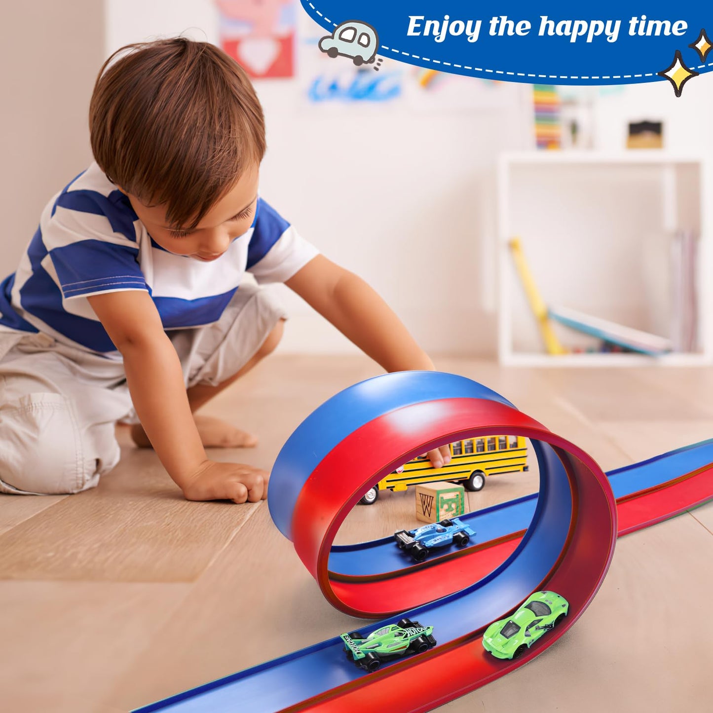 Flexible 15ft Race Car Track Starter Set with Suction Cups & 1:64 Diecast Cars, Blue & Red Double Track, Rolls Up for Kids 3+