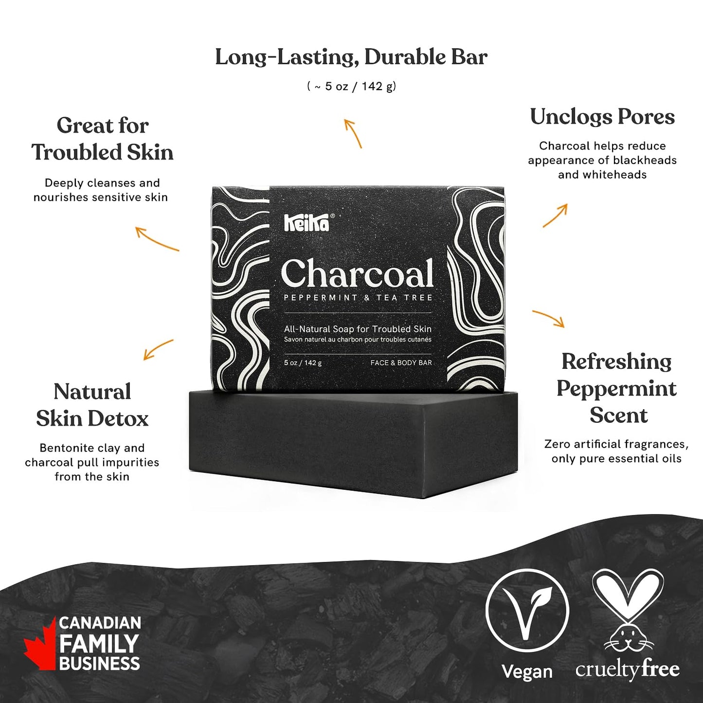 Keika Charcoal Black Soap Bar for Eczema, Psoriasis, Face, Body, Men Women Teens with Oily Skin, 5 oz.