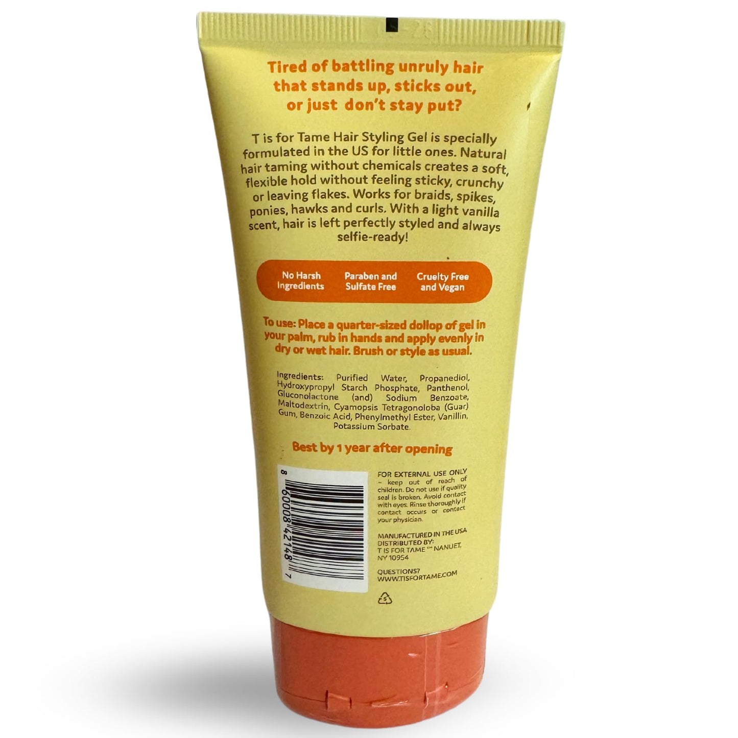 T is for Tame Hair Taming Gel for Kids – Natural Baby Hair Styling Gel for Boys & Girls – Controls Frizz & Flyaways, Flexible Hold, 2.7 fl oz, 1 Pack