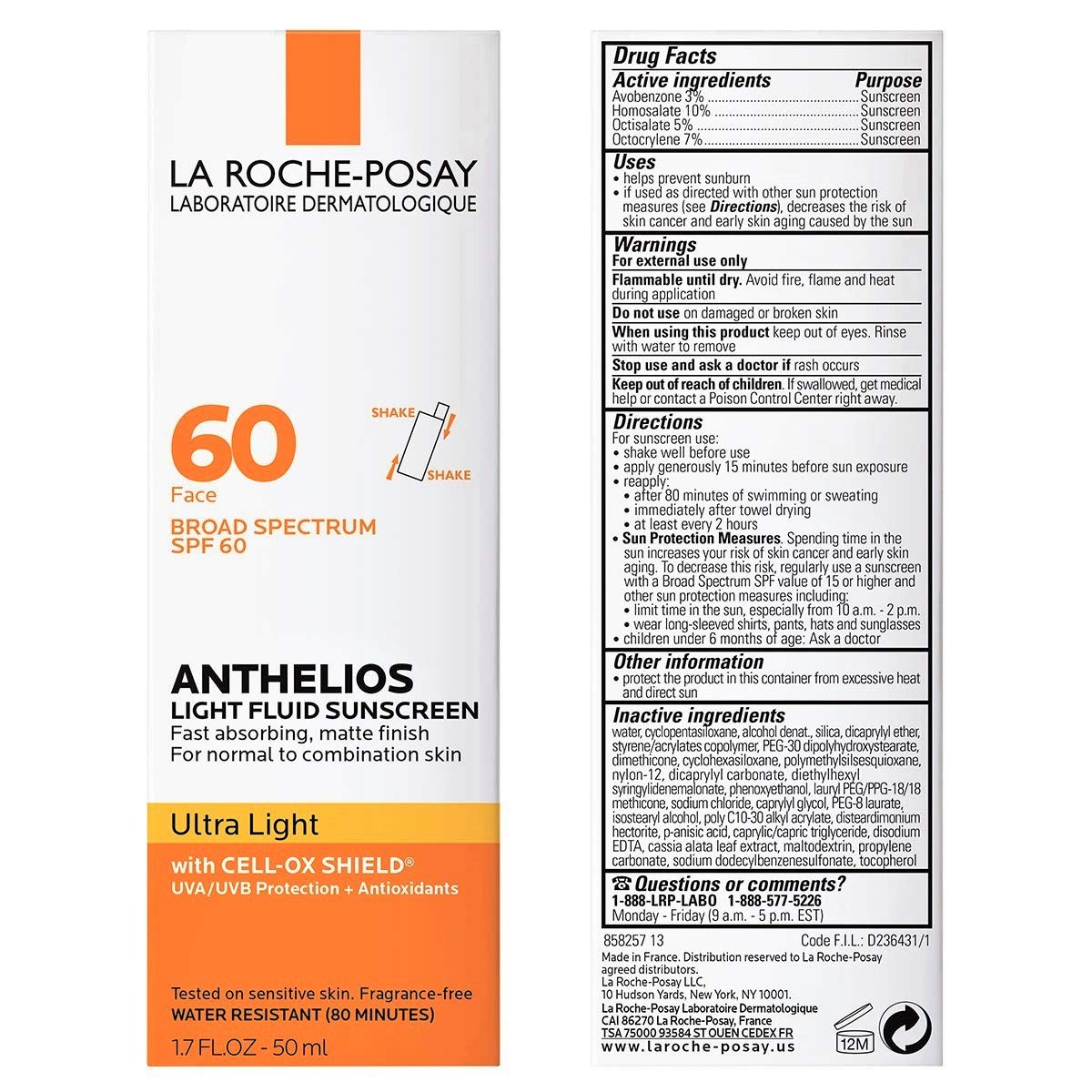 La Roche-Posay Anthelios Light Fluid Face Sunscreen SPF 60 – Broad Spectrum, Oil-Free, Antioxidant, Oxybenzone-Free, Travel Size 1.7 oz