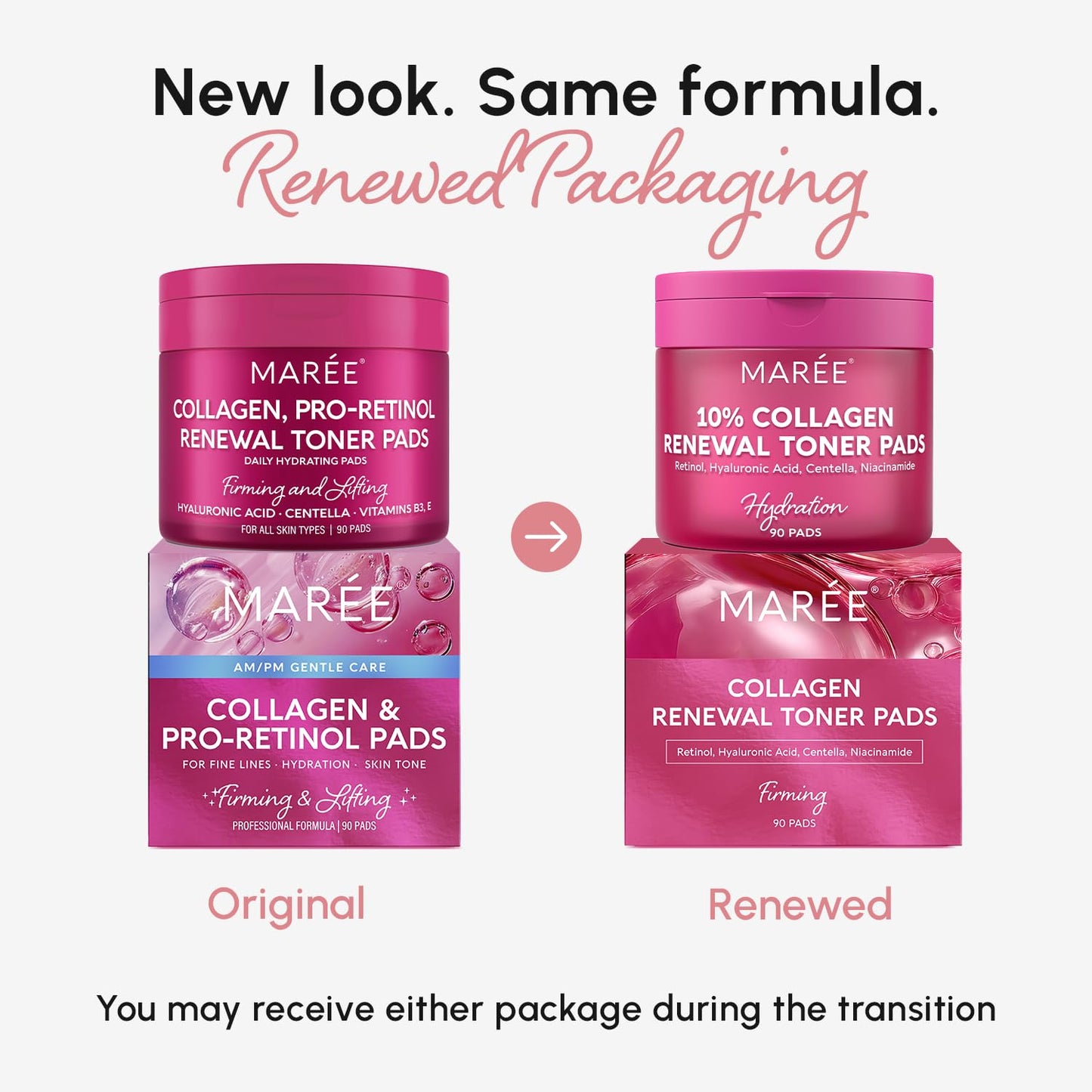 MAREE Collagen Toner Pads with Retinol & Centella - Hydrating Anti-Aging, Wrinkle Minimizing, Brightening & Pore-Refining Wipes