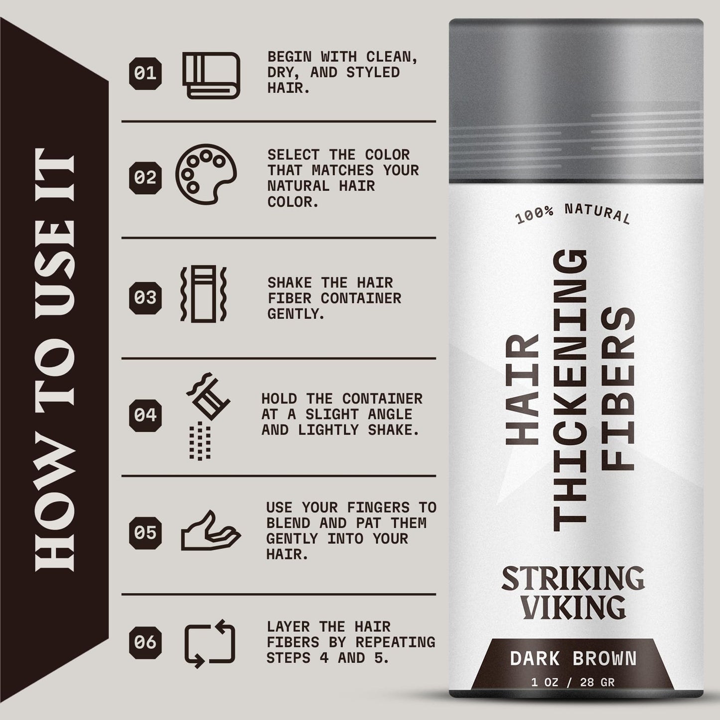 Striking Viking Hair Building Fibers for Thinning Hair - Dark Brown, 0.98 oz – Long-Lasting, Natural Hair Filler Powder for Men & Women