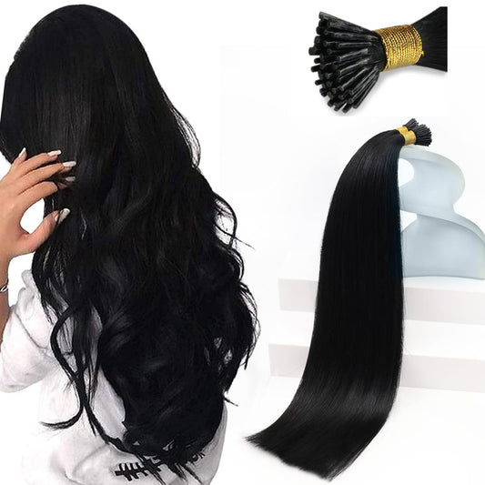 Sunny Hair 22" I Tip Human Hair Extensions Black – Pre-Bonded, Easy to Curl, Natural Look & Long-Lasting Volume for Women, 50g