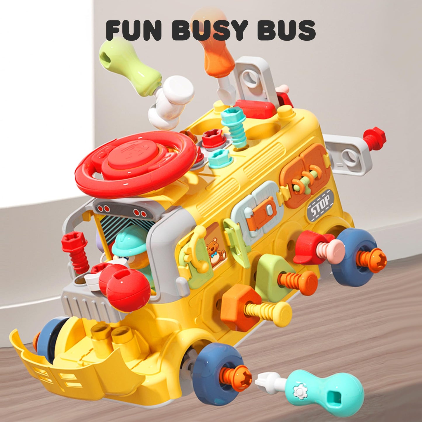 iPlay, iLearn Toddler Busy Bus Toy – Take Apart School Bus with Tools, Steering Wheel & Gears, STEM Montessori Push-Go Toy for Ages 3-5