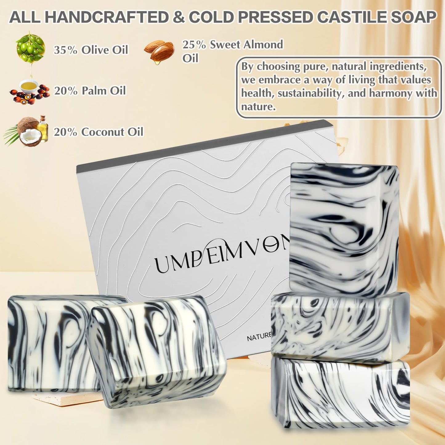 Umpeimvon 5-Pack Handmade Castile Soap Bars – Organic Olive & Coconut Oil, Cold Process, Natural Moisturizing Soap for Men & Women, 3.53 oz