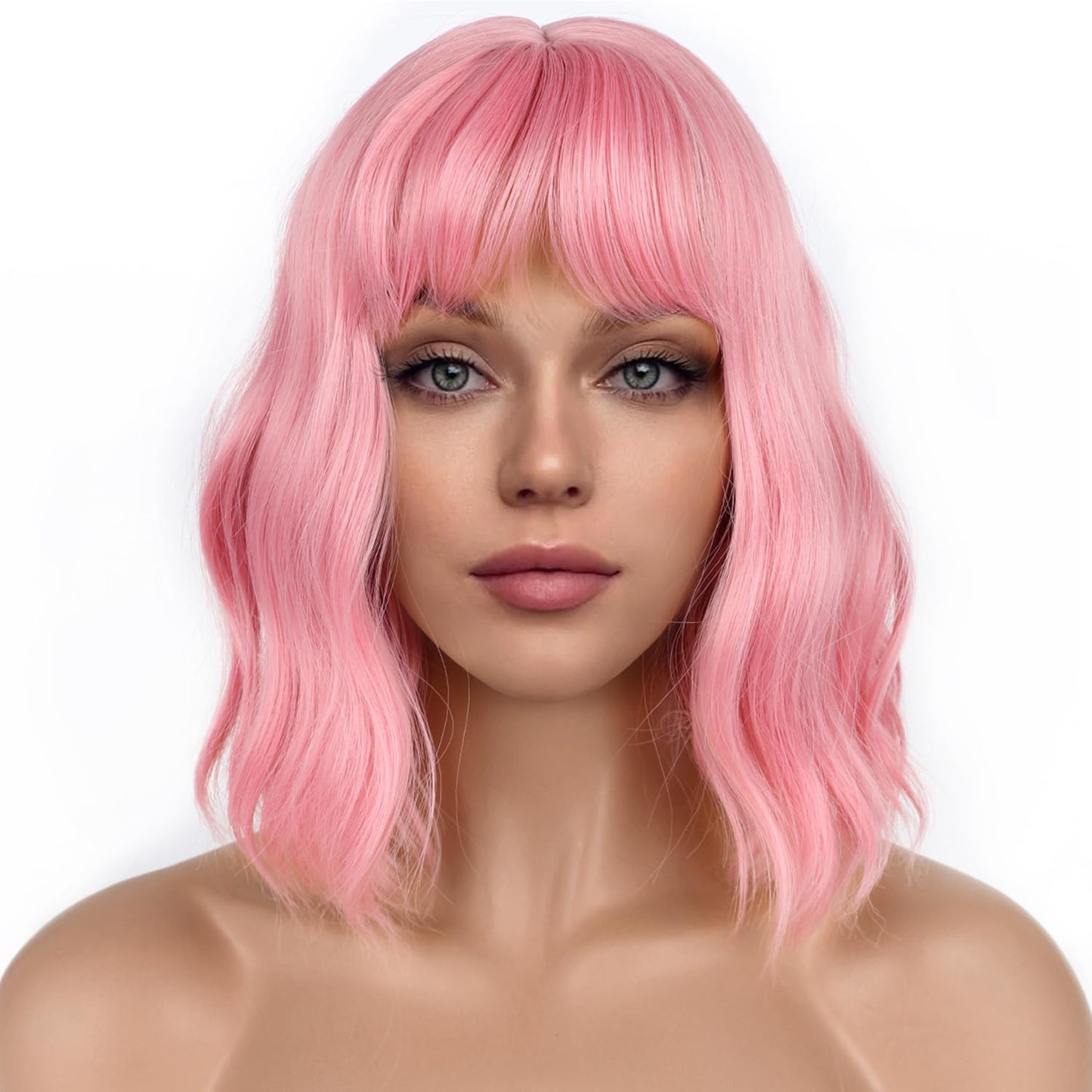 LANCAINI Pastel Pink Bob Wig with Bangs for Women – Wavy Shoulder-Length Synthetic Cosplay Wig, Soft Loose Waves, Colorful Costume Hair