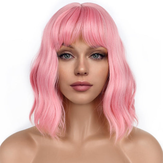 LANCAINI Pastel Pink Bob Wig with Bangs for Women – Wavy Shoulder-Length Synthetic Cosplay Wig, Soft Loose Waves, Colorful Costume Hair
