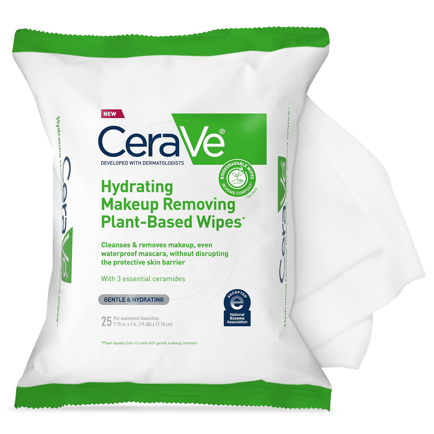 CeraVe Makeup Remover Wipes, Plant-Based & Biodegradable, Waterless Face Wash for Sensitive Skin, Fragrance-Free, 25 Count