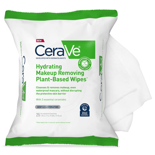 CeraVe Makeup Remover Wipes, Plant-Based & Biodegradable, Waterless Face Wash for Sensitive Skin, Fragrance-Free, 25 Count