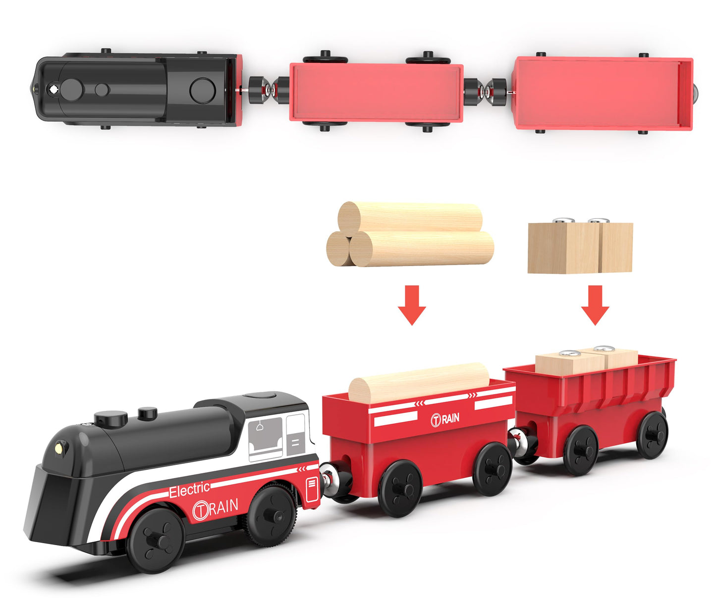 Battery Operated Train Set for Wooden Tracks – 3Pcs Motorized Electric Trains for Toddlers Ages 3+, Compatible with Thomas, Brio & More