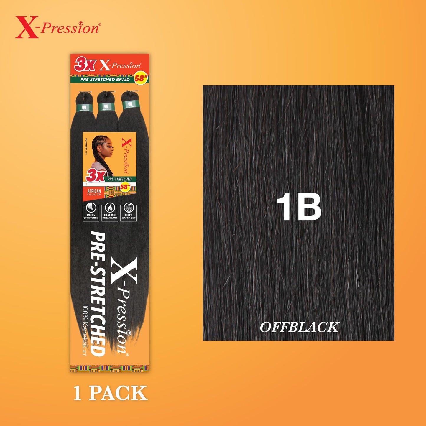 Sensationnel X-Pression 3X Pre-Stretched Braiding Hair 58" – Kanekalon Flame Retardant Synthetic Braid for Box Braids & Twists, 1B Off Black (1 Pack)