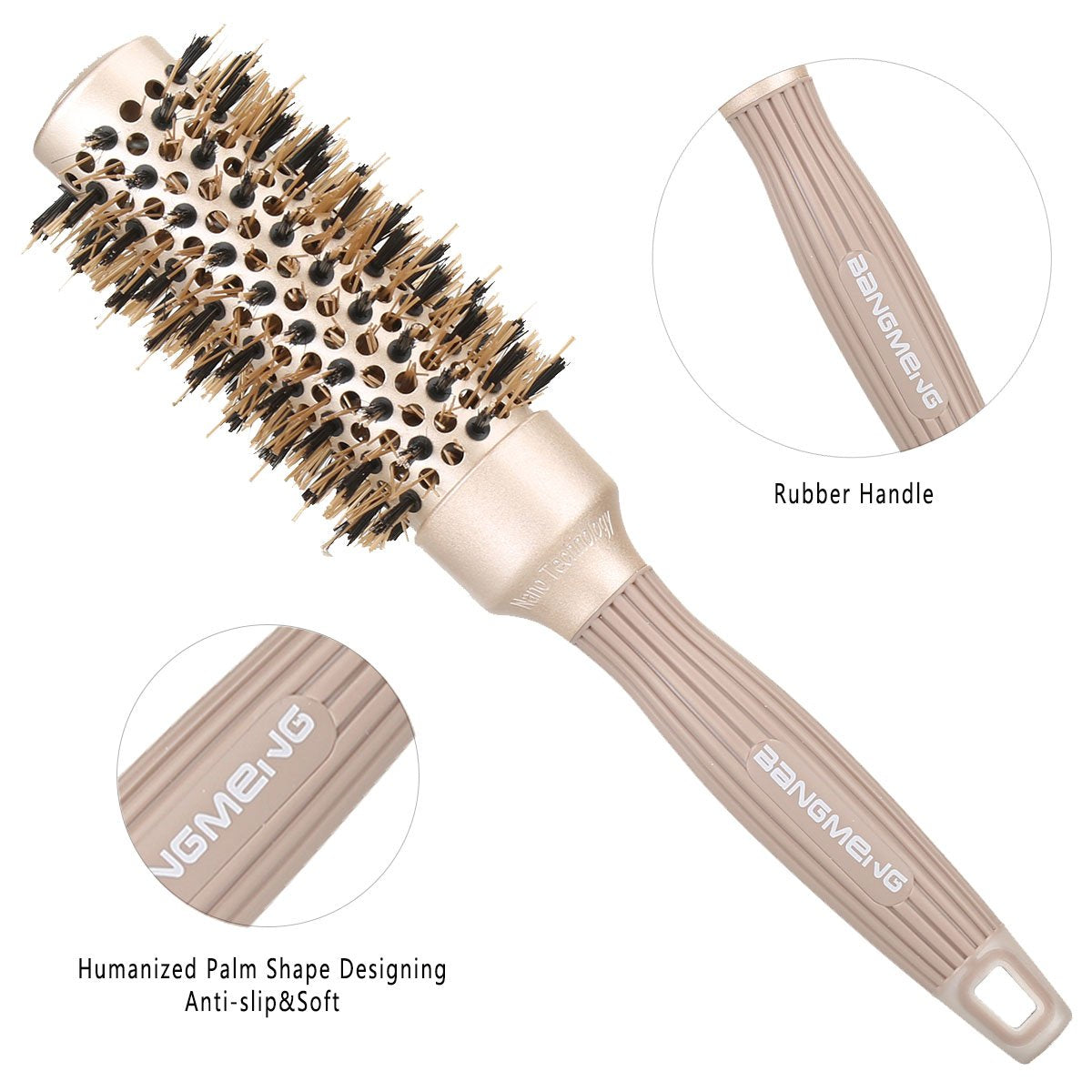 BANGMENG Round Barrel Hair Brush with Boar Bristles – Nano Thermal Ceramic Ionic Tech for Shine, Smooth Blowouts & Frizz Control (1¼")