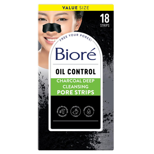 Biore Charcoal Deep Cleansing Nose Strips for Blackhead Removal, Oily Skin, C-Bond Technology, Instant Pore Unclogging, 18 Count