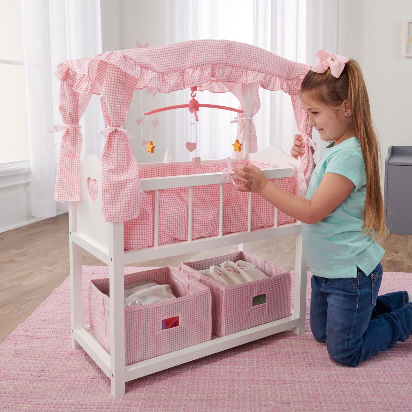 Badger Basket Doll Crib Set with Bedding, Mobile, Storage Baskets & Personalization Kit – For Dolls Up to 22" – White/Pink