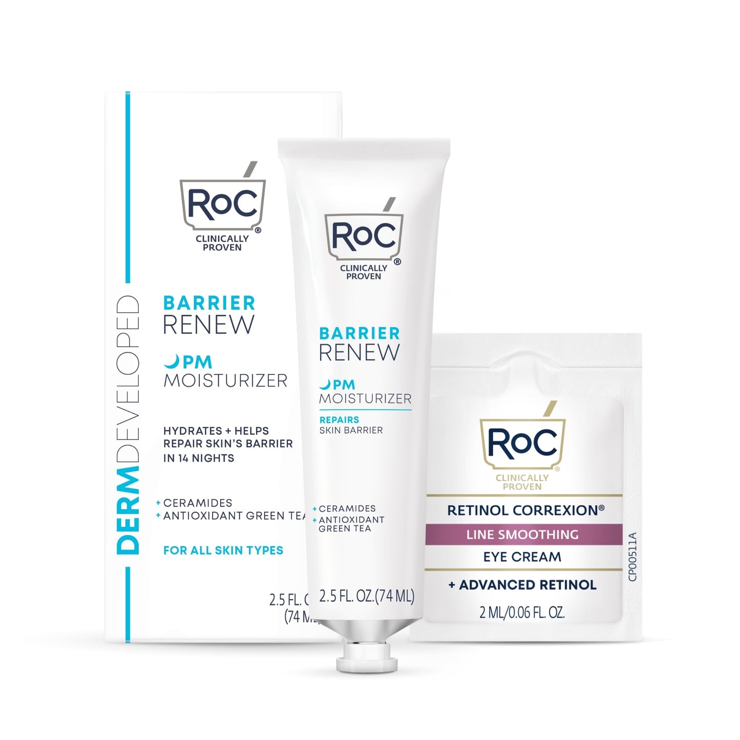 RoC Barrier Renew Night Moisturizer 2.5oz with Ceramides, Green Tea & Lipo Peptides + Retinol Eye Cream Packette for Skin Renewal