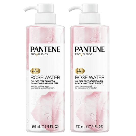 Pantene Sulfate-Free Shampoo & Conditioner Set, Rose Water, Vitamin B5, Moisturizing, Color-Safe, All Hair Types, 2 Pack 17.9 Fl Oz