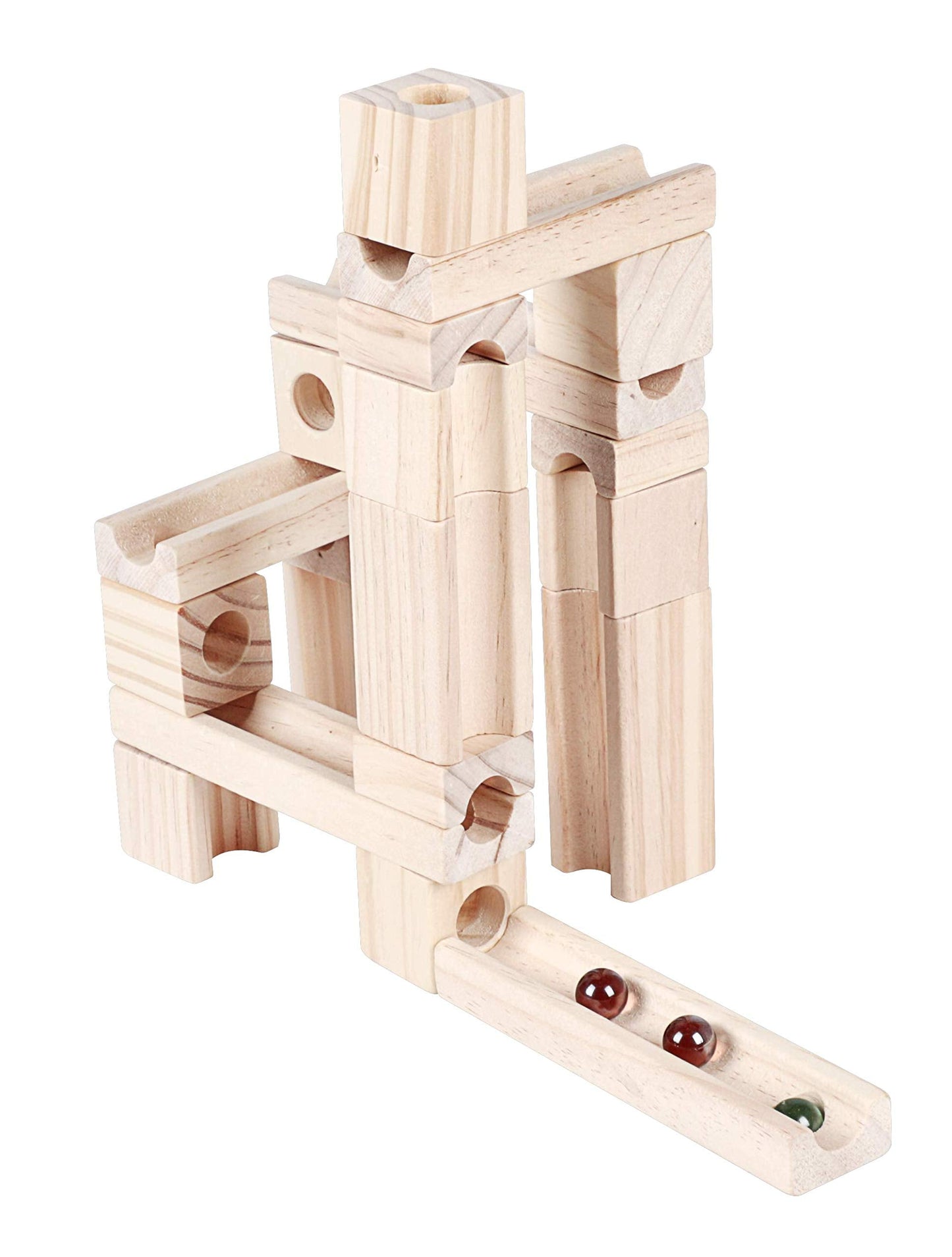 Wooden Marble Run STEM Toy for Kids 4-8 – 60+ Expandable Building Blocks with Glass Marbles & Guide – Safe Birchwood Construction, ASTM Certified