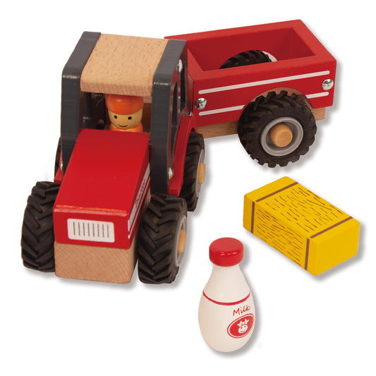 WoodenEdu Wooden Tractor Toys for Toddlers 1-3, Baby Vehicle Toys Hand Push Car Toys for 1 2 3 Year Old Boys Girls (Red)