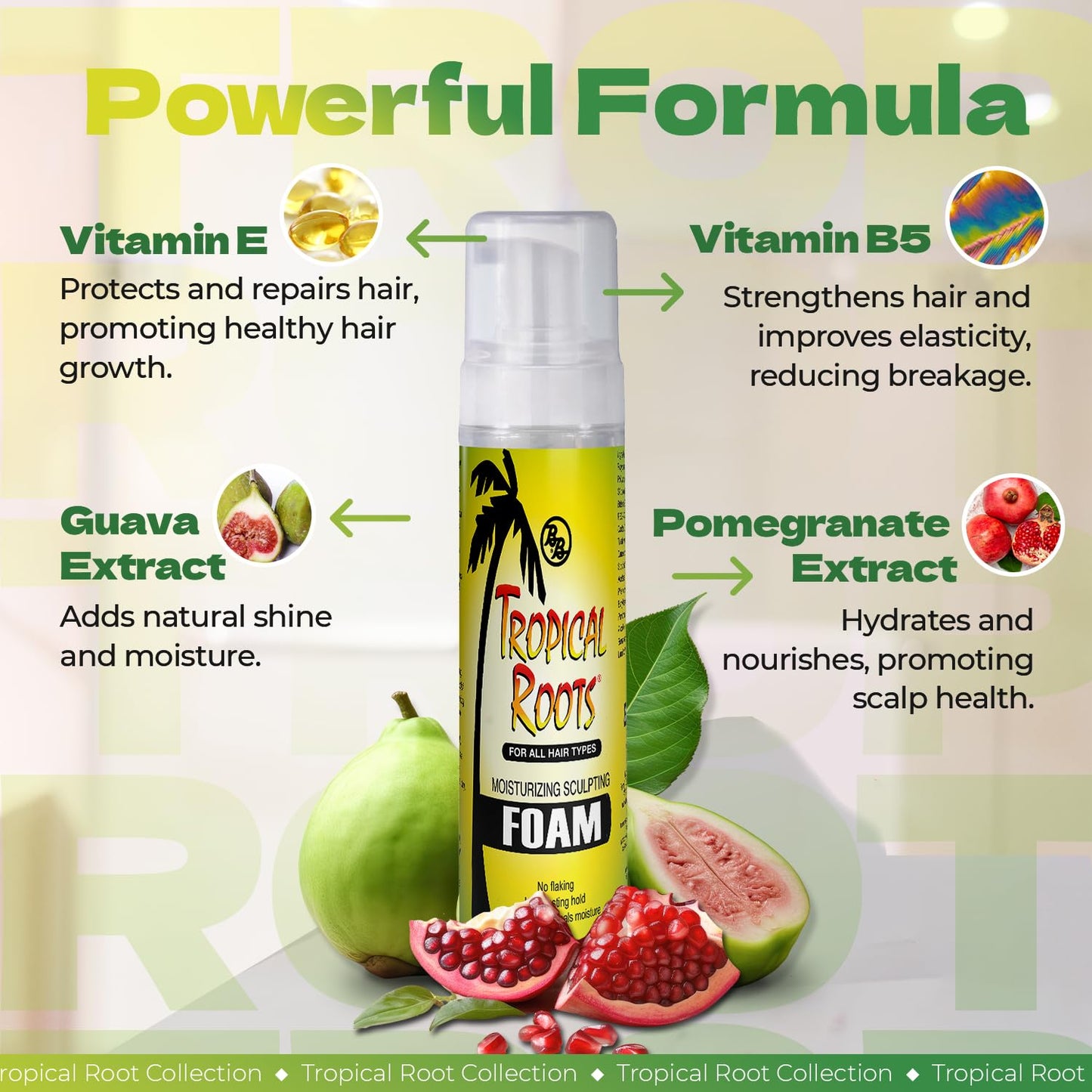 Bronner Bros Tropical Roots Sculpting Foam with Vitamin E & B5 – Hydrating Guava & Pomegranate Formula for Long-Lasting Hold & Definition, 8.5oz