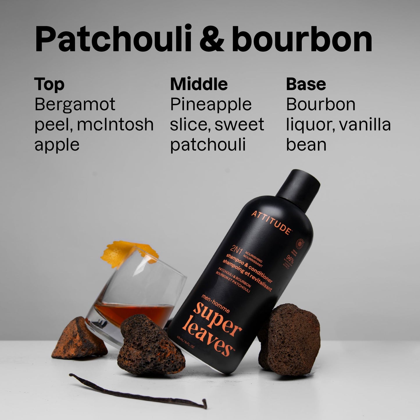 ATTITUDE Men’s 2-in-1 Shampoo & Conditioner, Nourishing for Dry Hair & Scalp with Panthenol & Ginseng, 97% Natural, EWG Verified, Patchouli & Bourbon, 14 Fl Oz