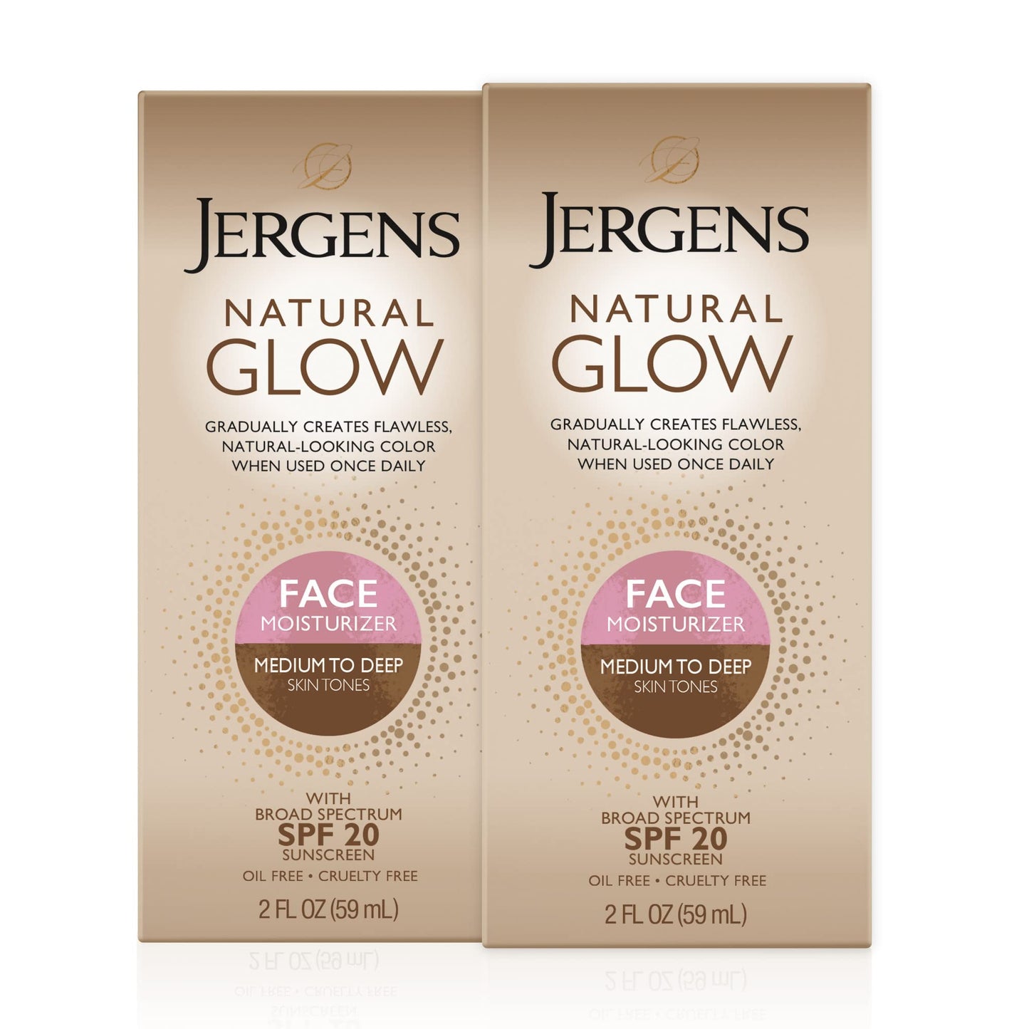 Jergens Natural Glow Face Self Tanner SPF 20, Oil-Free Daily Moisturizer for Medium to Deep Skin, Sunless Tan & UV Protection, 2 Oz (2 Pack)