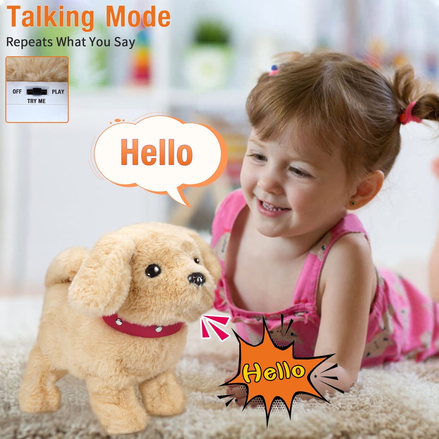 Koonie Talking Plush Golden Retriever Puppy - Repeats What You Say, Barks and Walks - Electronic Interactive Stuffed Dog for Kids