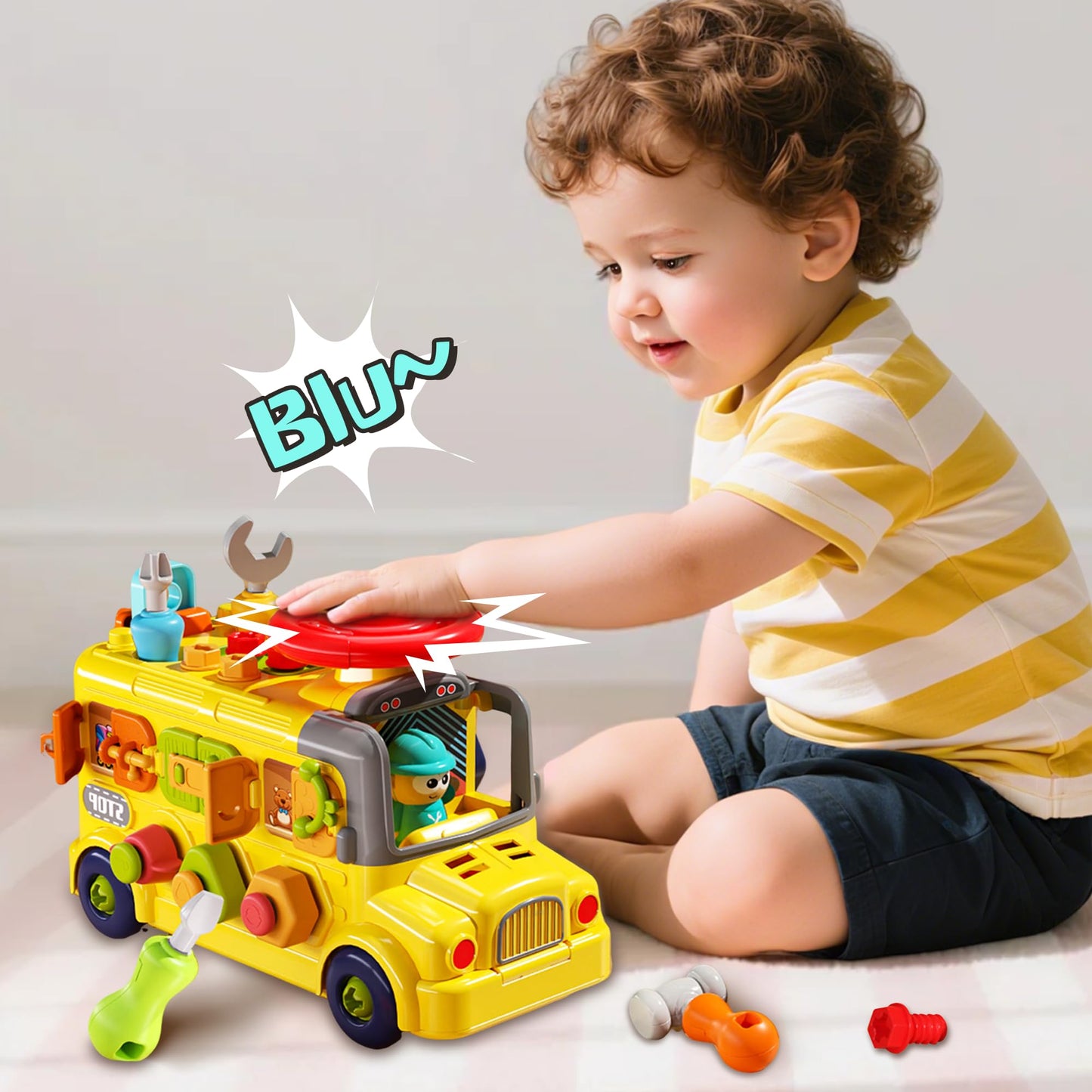 iPlay, iLearn Toddler Busy Bus Toy – Take Apart School Bus with Tools, Steering Wheel & Gears, STEM Montessori Push-Go Toy for Ages 3-5