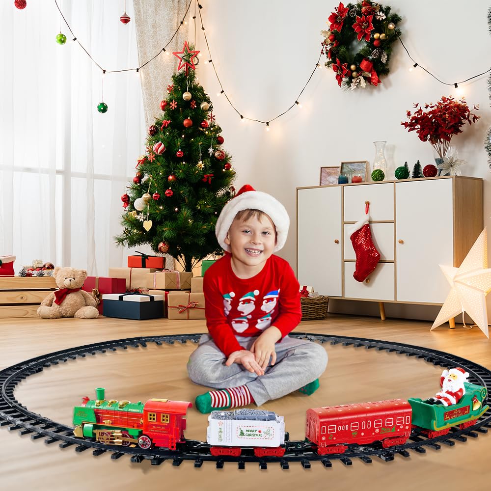 VATOS 2-in-1 Hanging Christmas Train Set with Lights & Sounds – Indoor/Outdoor Holiday Toy Around & Under Tree, Family Decoration
