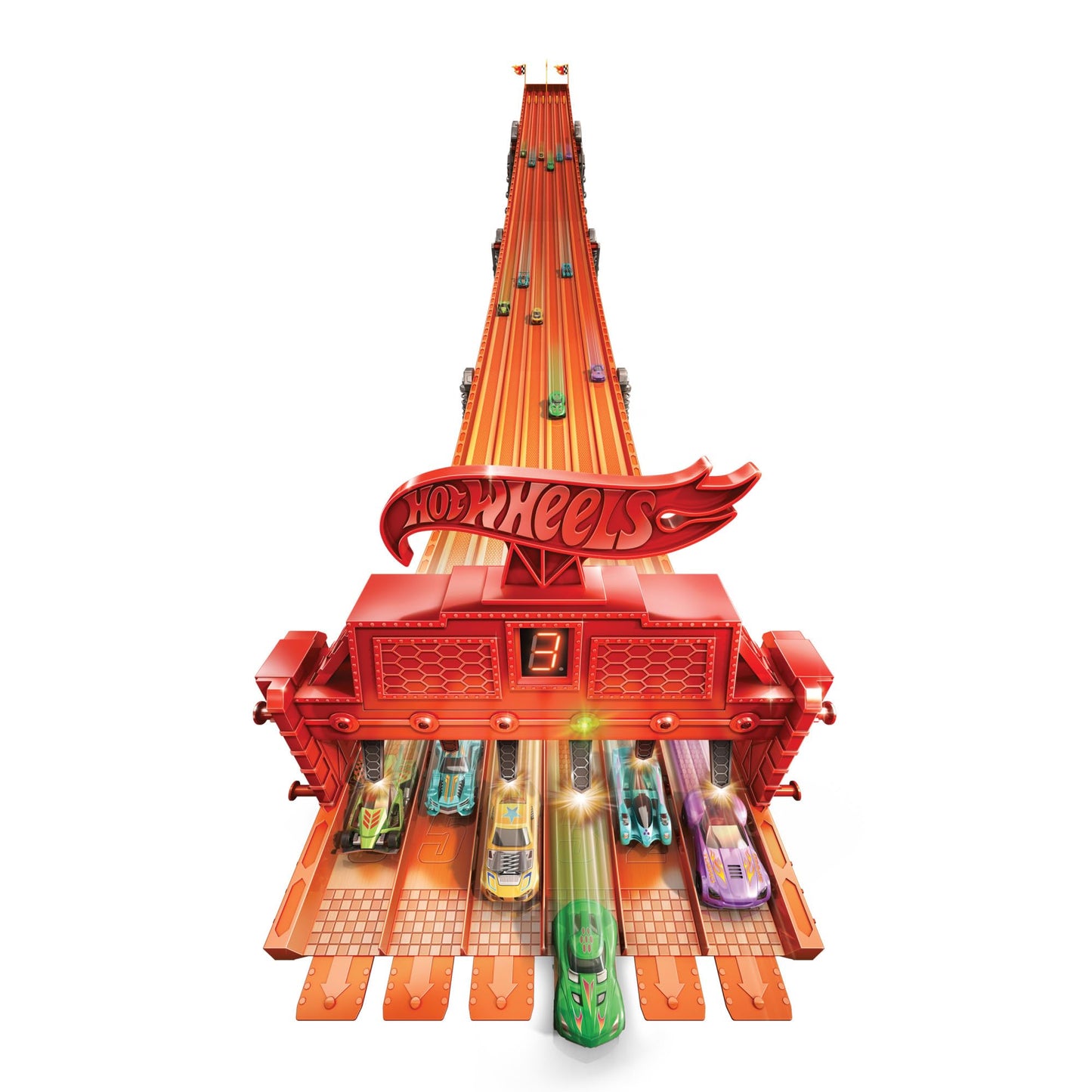 Hot Wheels Super 6-Lane Raceway Track Set with Lights & Sounds, 6 Die-Cast 1:64 Cars, 8-Foot Track Rolls Up for Storage (Amazon Exclusive)