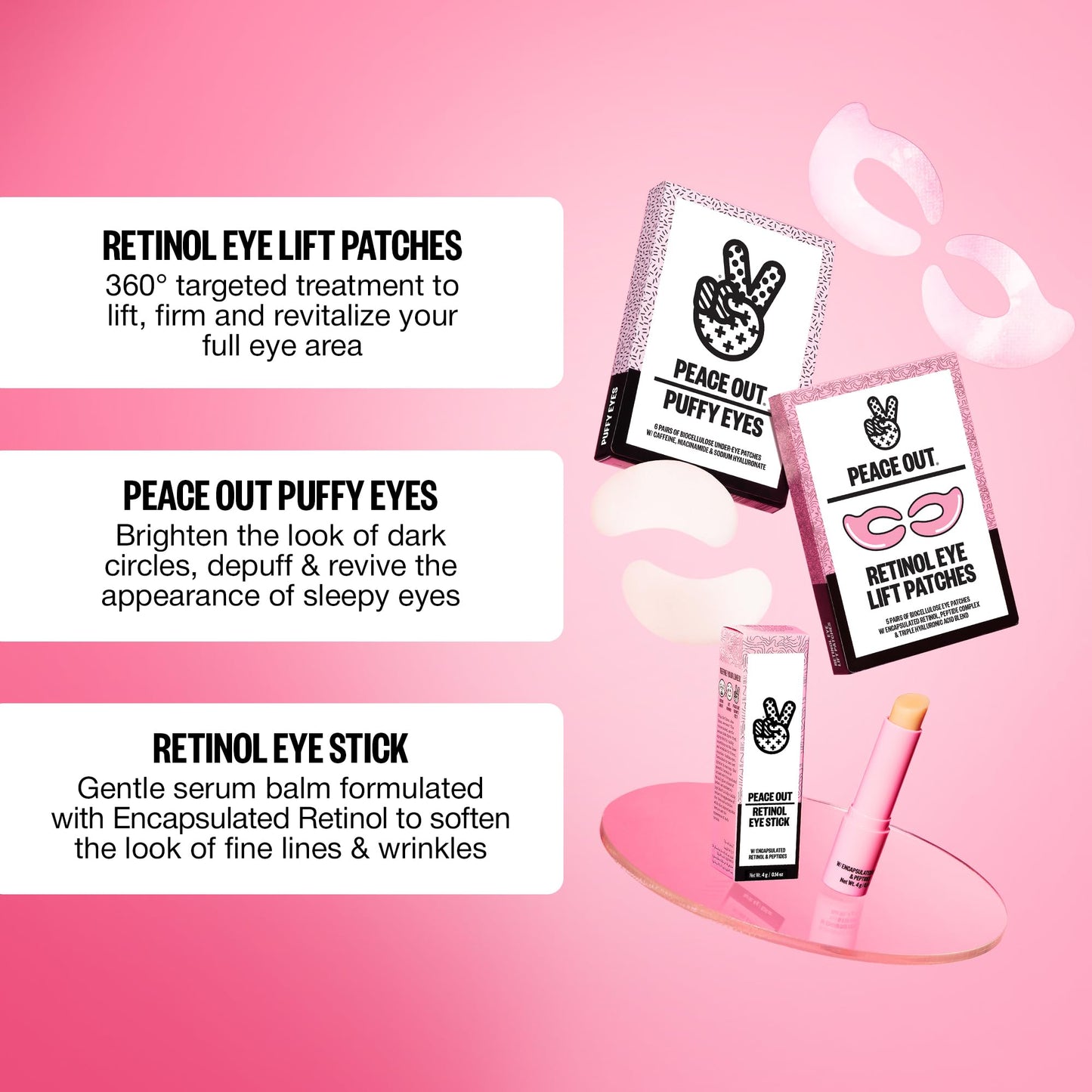PEACE OUT Retinol Eye Lift Patches to Lift, Firm and Revitalize Tired Eyes, 360° Coverage Targets Fine Lines & Wrinkles, 5 Count