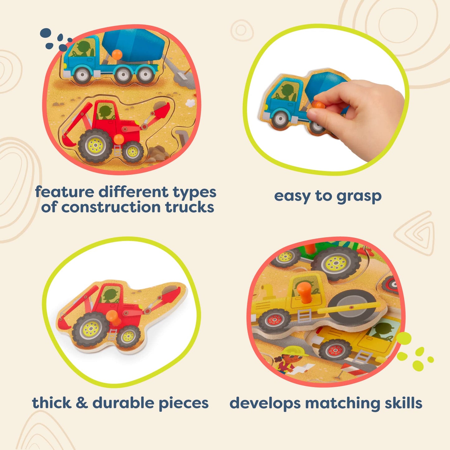 B. toys Peek & Explore Construction Trucks – Wooden Peg Puzzle with 8 Pieces: Dump Truck, Cement Mixer, Excavator & More – Toddler Toy 2+
