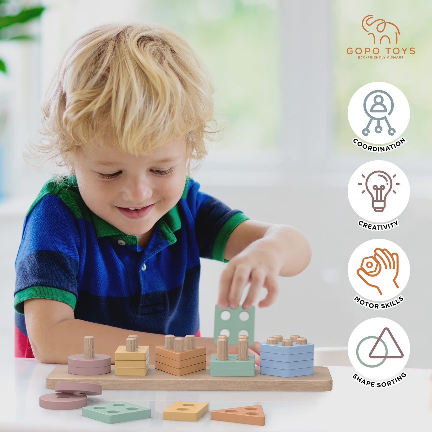 GOPO TOYS Montessori Wooden Shape Sorter & Stacking Puzzle – Educational Toy for 1+ Year Olds – Fine Motor Skill & Toddler Learning Toy