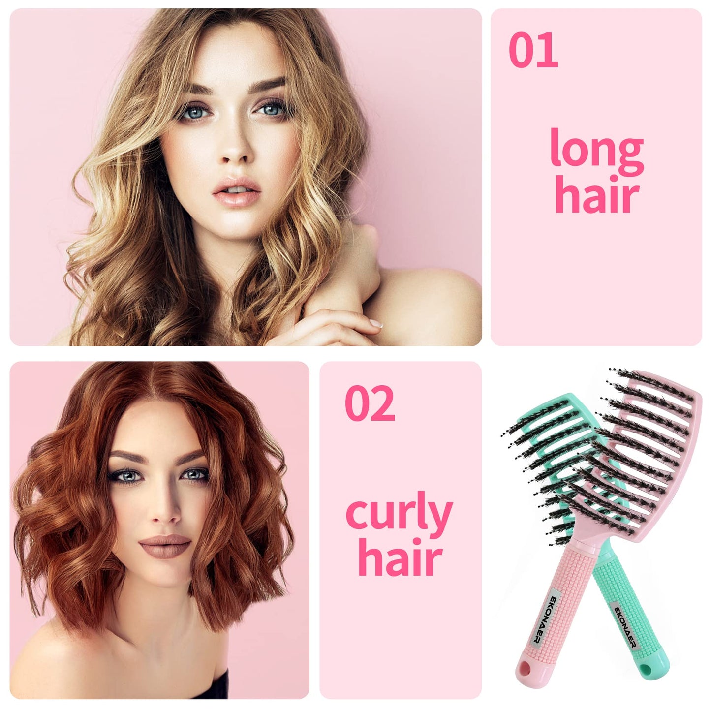 EKONAER 3 Pack Vented Quick-Dry Detangler Brush Set with Boar Bristles – Curved Massage Hair Brushes for Women with Long, Thick, Thin, or Curly Hair (Green)