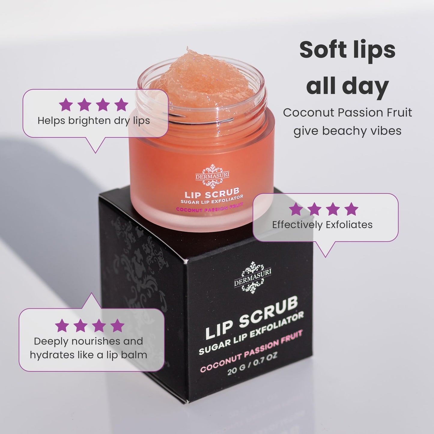 Dermasuri Lip Scrub & Moisturizer, Sugar Exfoliator for Soft, Smooth Lips, Hydrates & Brightens, Coconut Passion Fruit, 0.7oz