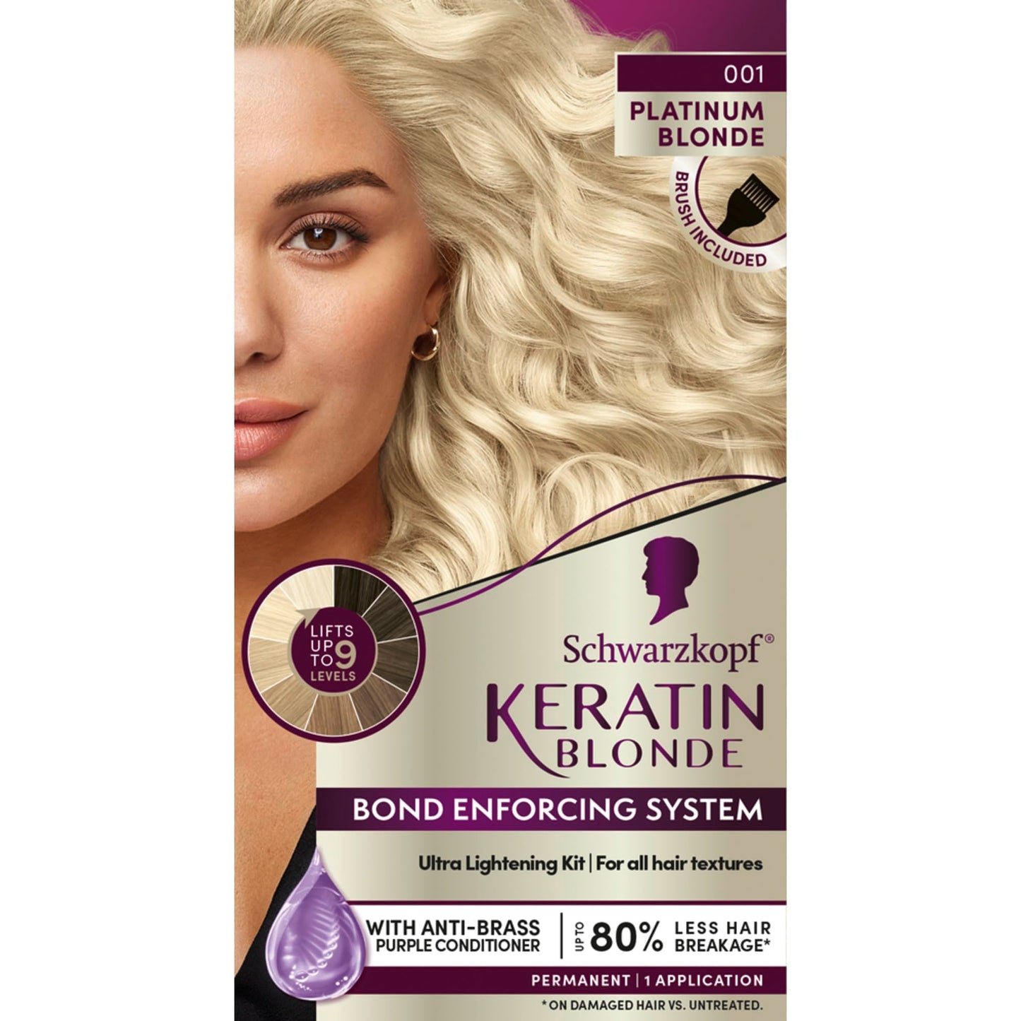 Schwarzkopf Keratin Color Permanent Hair Dye 001 Platinum Blonde – Professional Hi-Lift Formula with Bond Enforcing System, Serum & Purple Conditioner